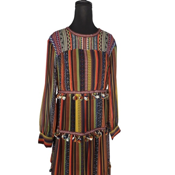 Chelsea & Theodore Boho Striped  Maxi Dress with Pom Poms Long Sleeve Bohemian - Picture 2 of 11